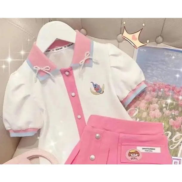 Setelan Anak Perempuan Import Model Rok Kancing Lipat Lengan Karet Balon Kerah Pita Lucu Fashionable 2