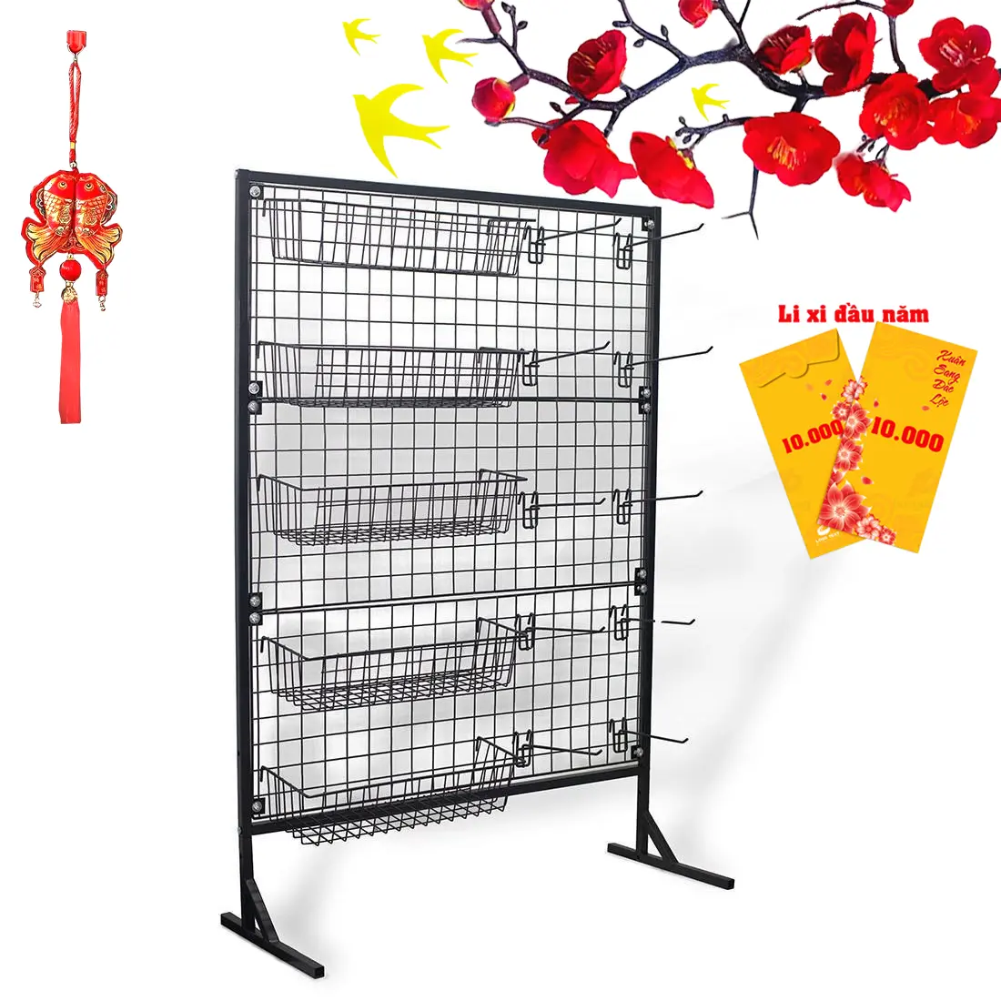 Kệ khung lưới treo hàng kèm 5 giỏ và 10 móc treo bằng kim loại cứng cáp chắc chắn, tiện lợi Treo Tường HT08