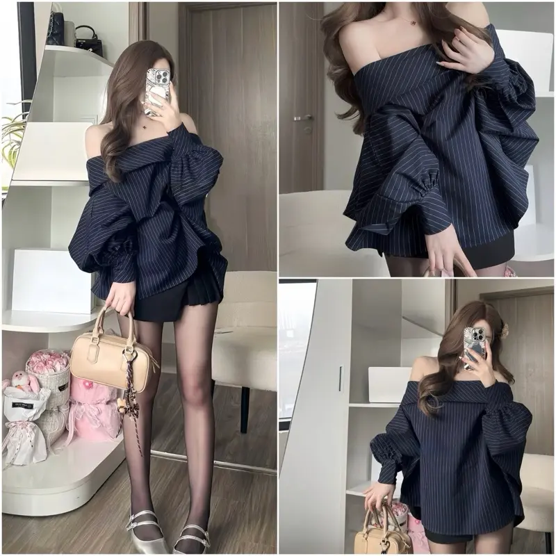 Áo Trễ Vai Kẻ Dọc Xanh Chất Chéo Thái Form Rộng Tay Phồng Cánh Rơi 0