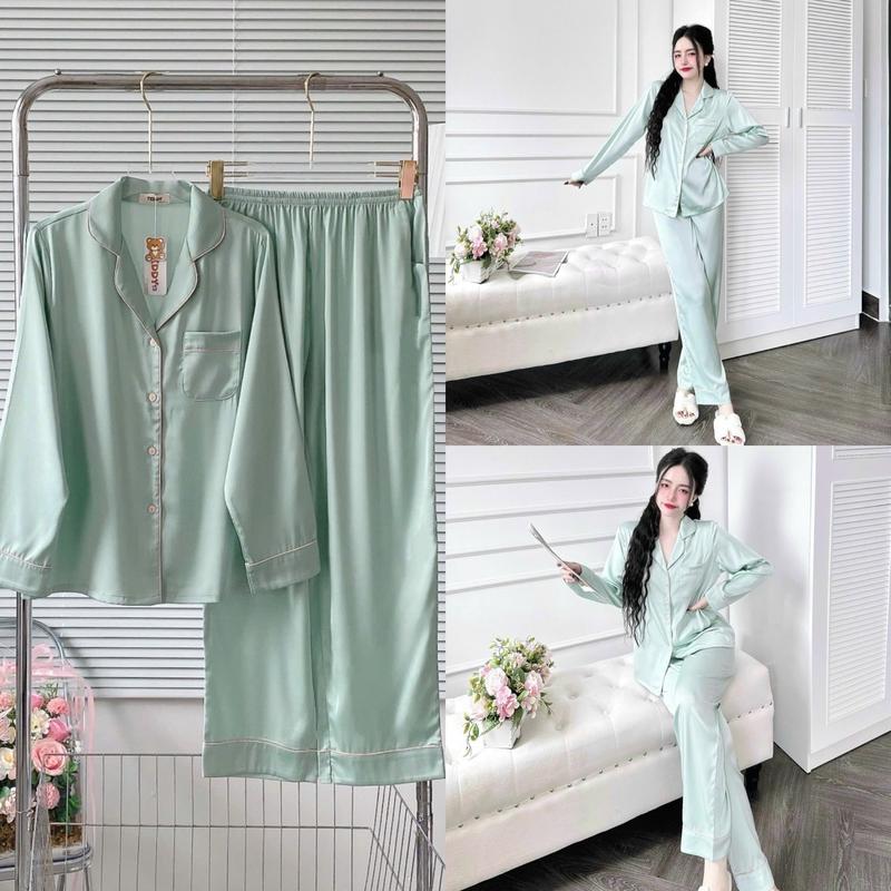 ĐỒ BỘ PIJAMA, Tay Dài Trơn, ĐỒ MẶC NHÀ, ĐỒ NGỦ NỮ. Đồ Bộ Trơn, Viền Màu, Có Túi Áo. QUẦN DÀI CÓ TÚI. VẢI LỤA LATIN CAO CẤP, MÀU TRƠN. Women Voi Kem do bolatin Nho 3