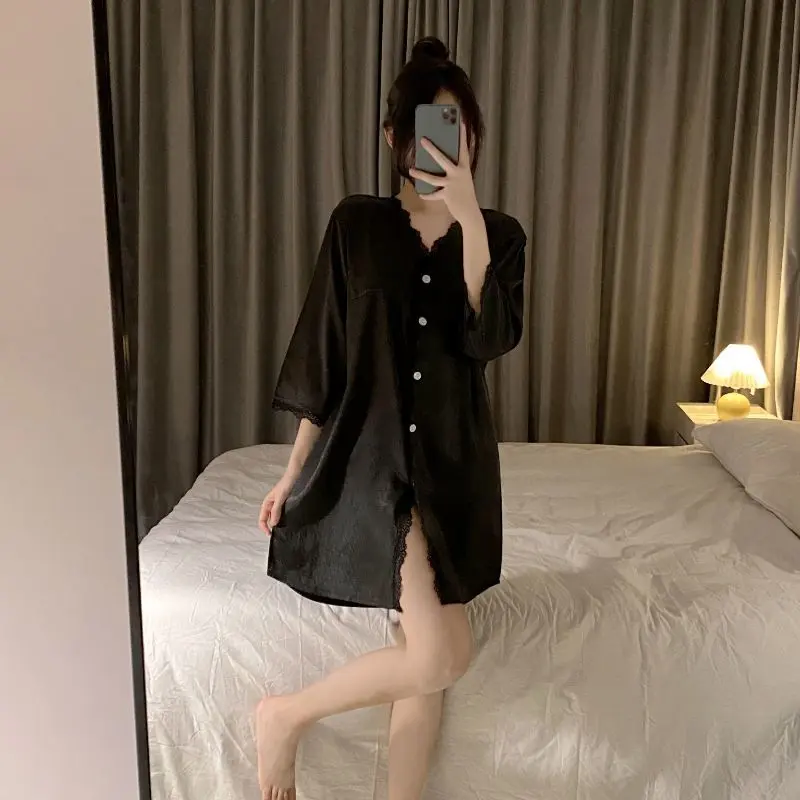 2025 Ice Silk Nightdress Women's Summer Short-Sleeved High-Grade Shirt Skirt Net Red Fashion Pajamas 2024 New Outdoor Homewear Loungewear Nightwear