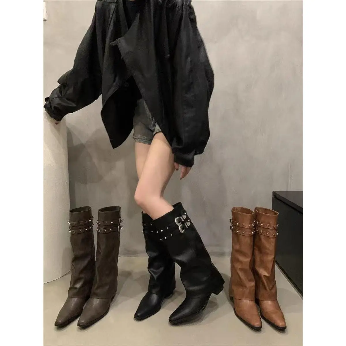 Bốt Hiệp Sĩ Đinh Tán Cổ Điển Cô Gái Nóng Bỏng Mỹ, Thiết Kế Đẹp, Bốt Mỏng, Kiểu Cọc, Thích Hợp Cho Mùa Thu Và Mùa Đông, Bốt Nữ Nhỏ, Năm 2024