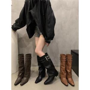 POPIONEER  アメリカンホットガール レトロリベット ナイトブーツ スティレットブーツ ロングブーツ 女性用ブーツ