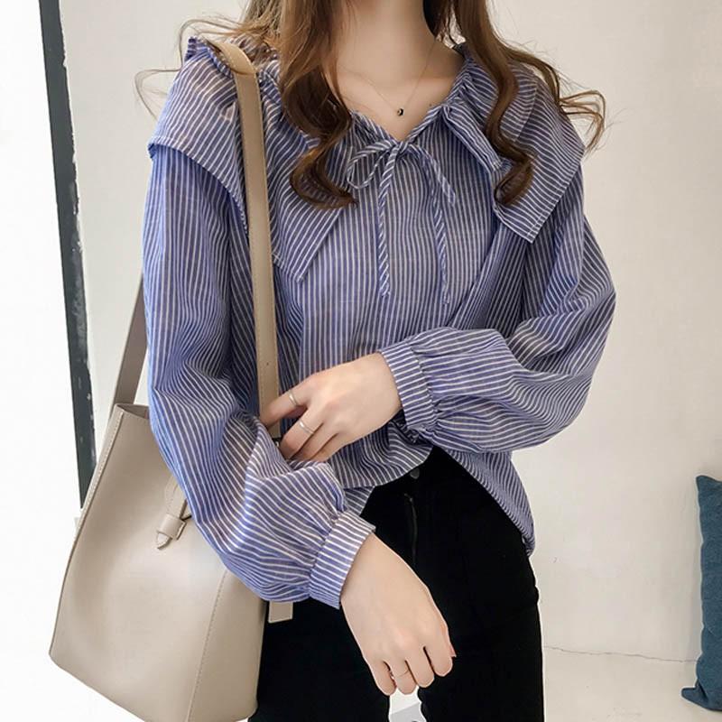 Product Introduction of Korean style Women Blouse baju wanita casual Long Sleeve Stripe shirt Tops Lady Clothing 14