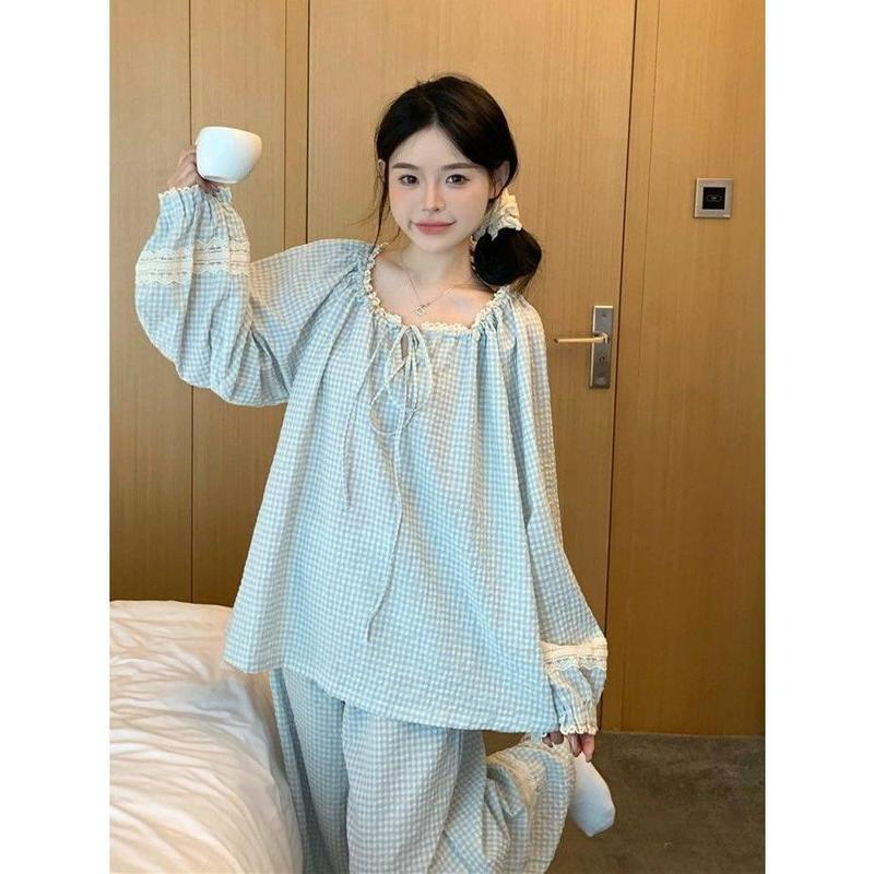 Bộ Đồ Ngủ, Phong Cách Hàn Quốc, Mùa Xuân Và Mùa Thu, Thiết Kế Dáng Rộng Rãi, Họa Tiết Lưới, Chi Tiết Ren Ngọt Ngào, Có Cà Vạt Ren. Bộ Áo Dài Tay Và Quần Dài, Tạo Cảm Giác Thoải Mái Và Phong Cách 2