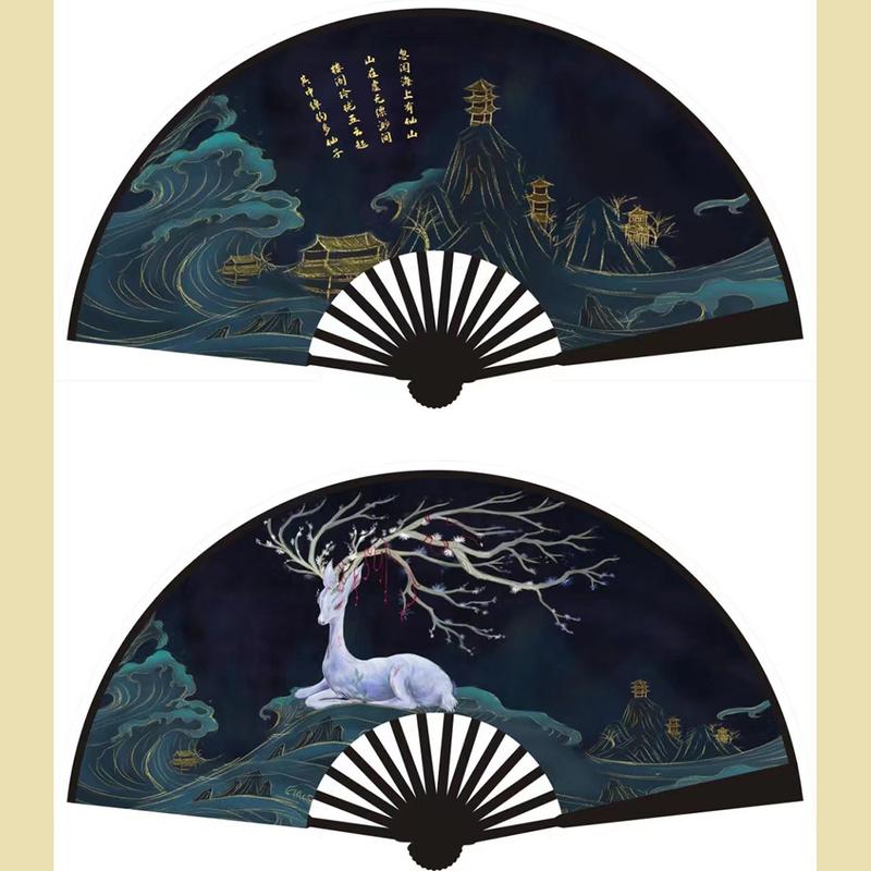 Quạt Giấy Cổ Trang Trung Quốc Xếp Polyester In Họa Tiết Phong Cảnh Hai Mặt Size Lớn Decor