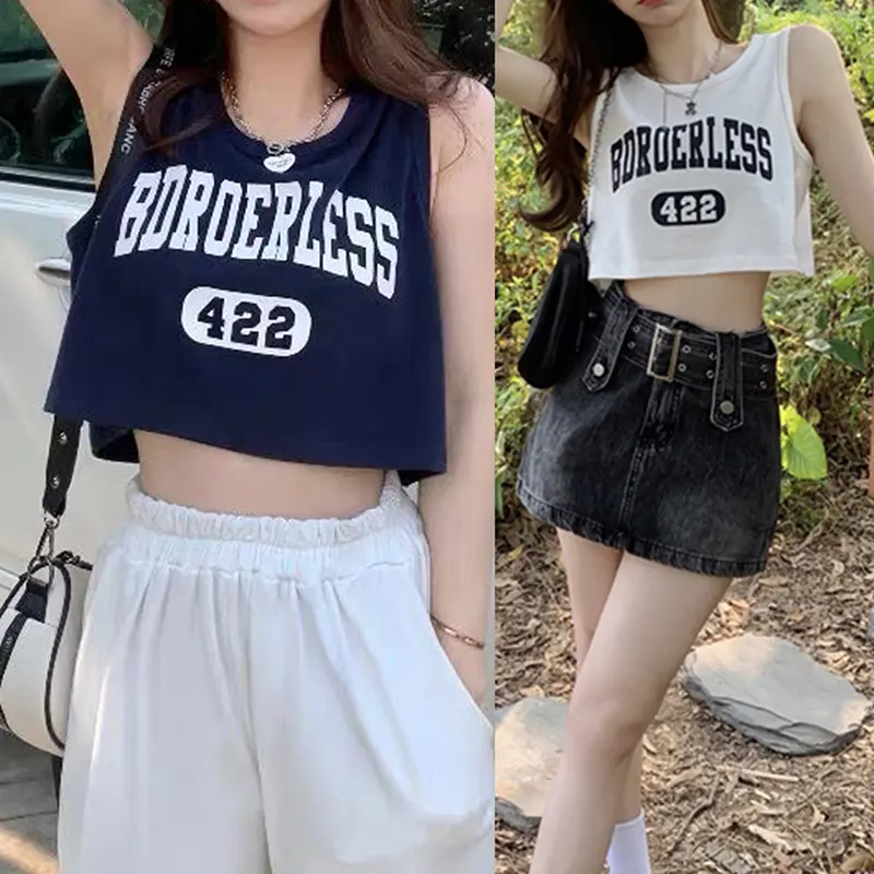 American Letter Print Tank Top Summer Women Round Neck Sleeveless Loose Crop Top