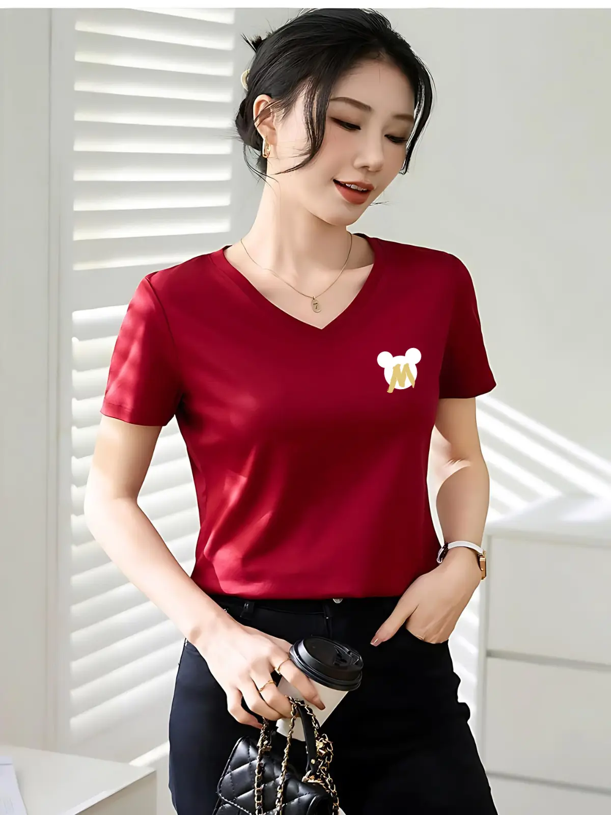 Áo cổ tim dáng vừa chất liệu cotton co giãn in hình- Áo thun LOZA- MT001 Nữ Top
