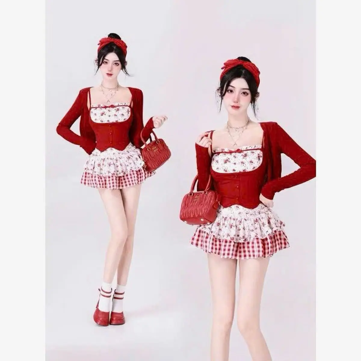 BEVEDA Set 2 Món Và 3 Món Áo 2 Dây Hoa Nhí Kèm Chân Váy Caro, Áo Khoác Ngoài Cho Nữ Dưới 53kg, Chất Liệu Tổng Hợp Thoải Mái, Thiết Kế Trẻ Trung Năng Động, Phù Hợp Đi Chơi, Dạo Phố Hoặc Hẹn Hò, Mang Đến Phong Cách Dễ Thương Và Tinh Tế. Kem Women Top