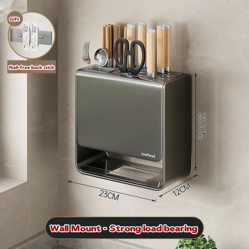 【SG Local Seller】Knife Holder Organizer Stainless Steel Rack This multifunctional kitchen storage rack with Utensil (gun gray) 6