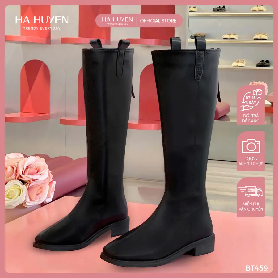 Boots gối bệt nữ HÀ HUYỀN dây da lồi hông khoá sau 5cm - BT459 GiàY