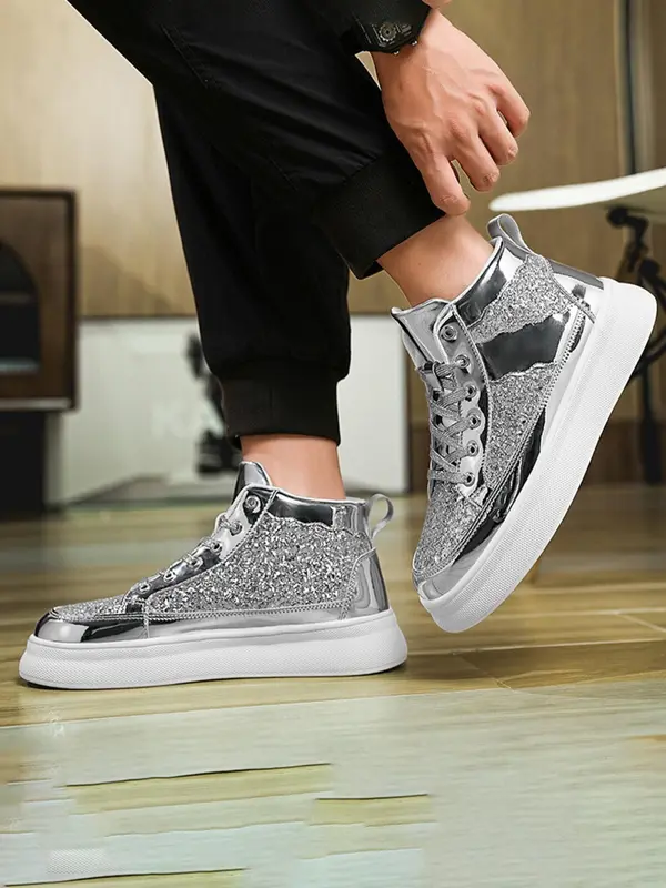 Fashionable Glitter High Top Skate Shoes, Comfortable Sports Shoes for Men & Women, Lightweight Breathable Sports Shoes for Daily Wear, Trainer 2