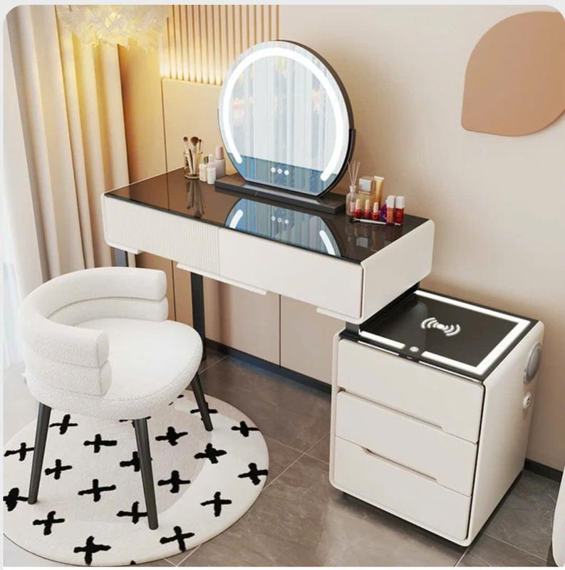 [Tặng ghế ] Bàn trang điểm thông minh BP01 Gỗ thông bọc da có đèn led, Bàn phấn có sạc không dây cao cấp, kết nối loa bluetooth không dây .