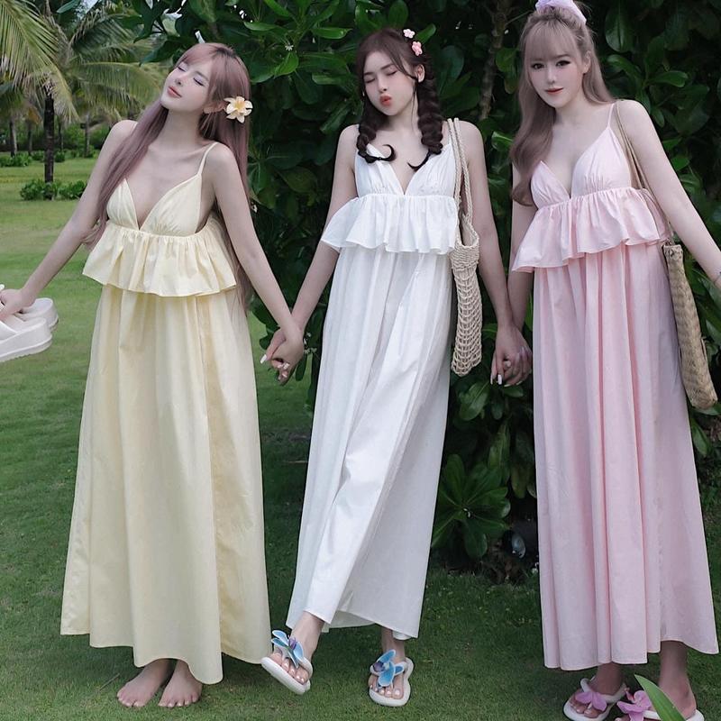  M938 - Đầm maxi 2 dây eo bèo ngực MPB váy maxi hai dây phối bèo dáng dài Nữ Kem 