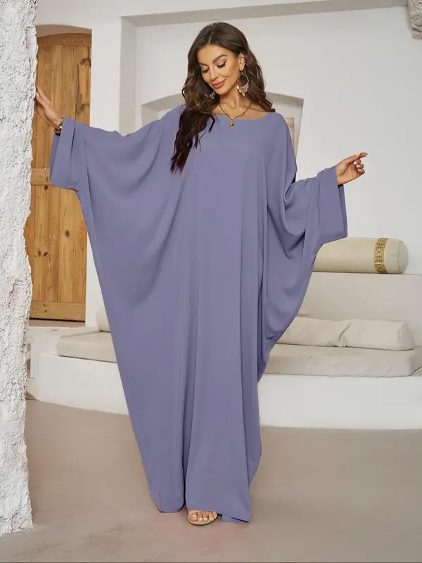 Women's Plain Batwing Sleeve Kaftan Dress, Elegant Long Sleeve Round Neck Maxi Dress for Daily Wear, Dresses for Women, Ladies Clothes for All Seasons 7