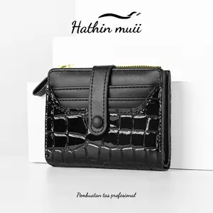 molly35-Hathin muii  Dompet Wanita Original Realpic Croco leather Dompet Lipat bisa Cod PU Leather Striped Coin Holder/Purse Trifold Wallet Short Wallet Long Wallet Kartu Kulit Uang Cewek