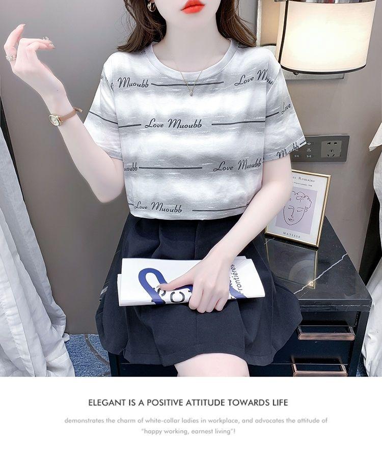Product Introduction of Women's Short-Sleeved T-shirt Ins Trendy Summer Women's Clothing 2024 New Loose Printed Striped T-shirt Design Blouse Summer Clothing 24