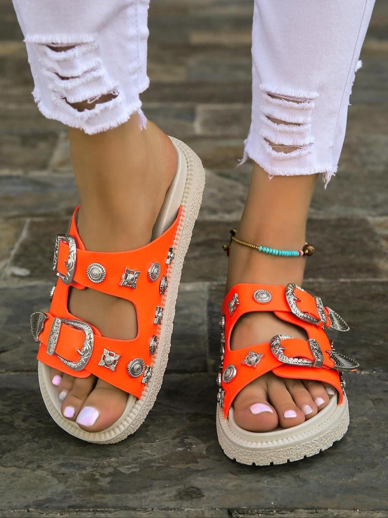 Product Introduction of Women's Fashionable Metal Decorated Sandals, Strap Slides, Casual Comfortable Breathable Sandals for Summer, Lightweight Non-slip Sandals for Daily Wear, Walking Shoes 7