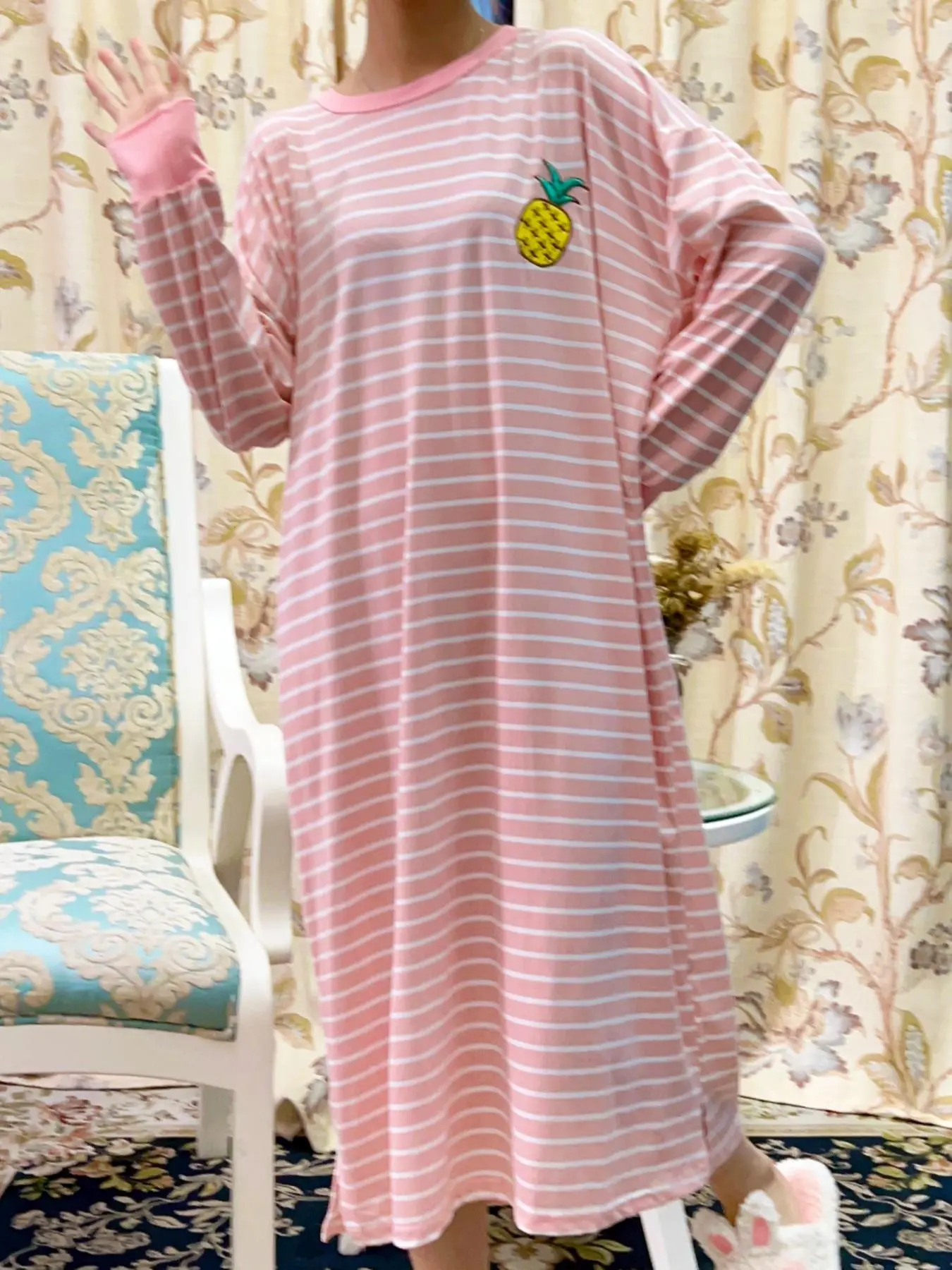 Women's Stripe & Pineapple Print Drop Shoulder Long Sleeve Nightdress, Pyjama Lounge Dress, Casual Soft Comfortable Round Neck Nightgown for Spring & Fall, Lady Sleepwear & Homewear, Indoor Loungewear