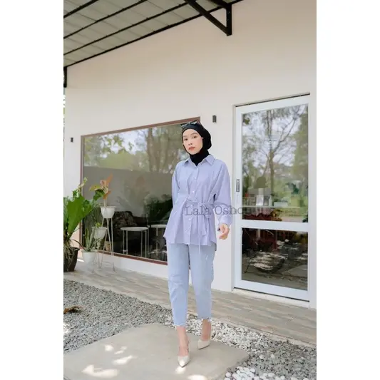Alika Bow Shirt ( ikat samping )  Kemeja  Biru  Putih  Stripe  Kancing  Atasan  Wanita 4