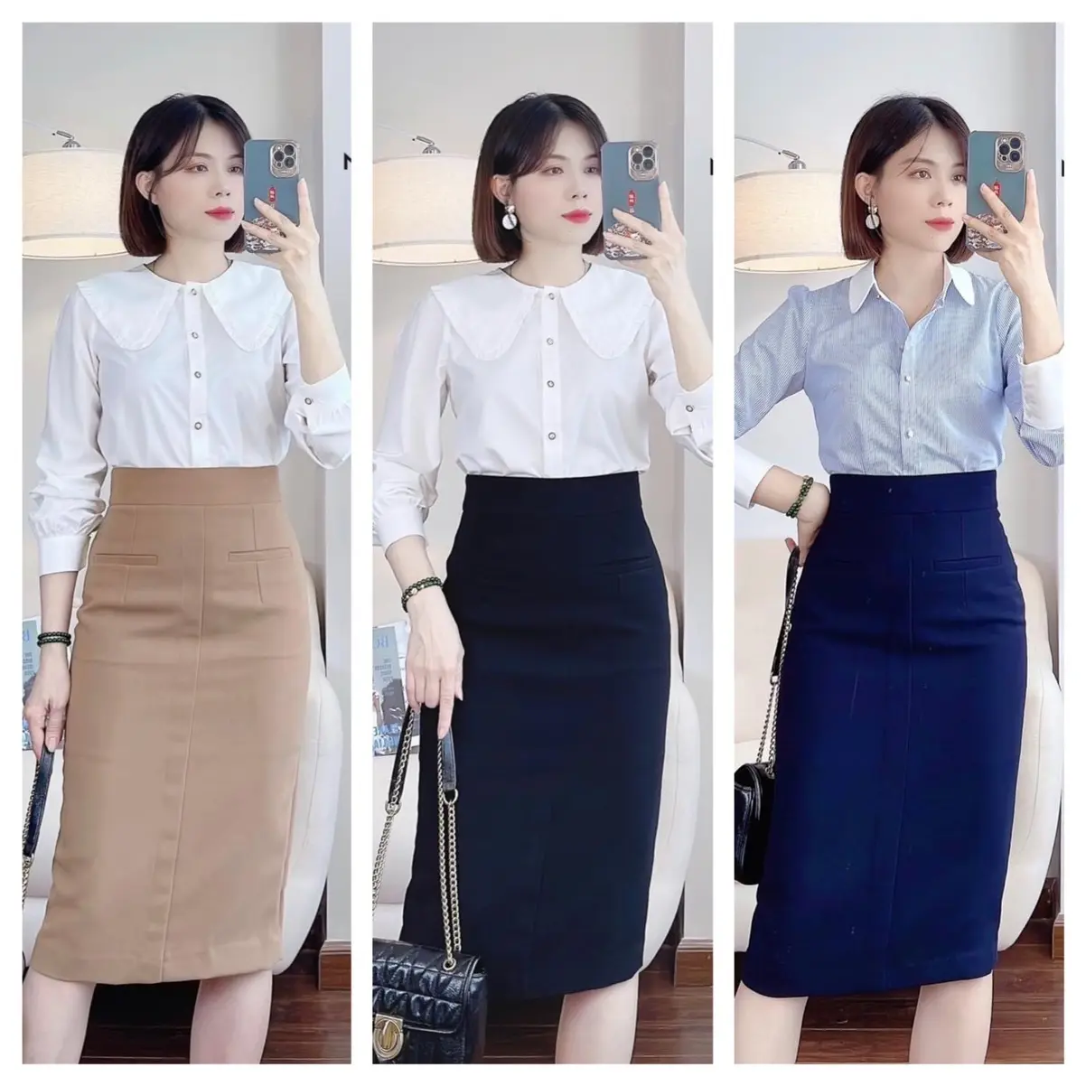 Guanfashion Chân váy bút chì lưng cao dài qua gối xẻ sau, Mã CV21 Chân váy Nữ Women Kem Đen