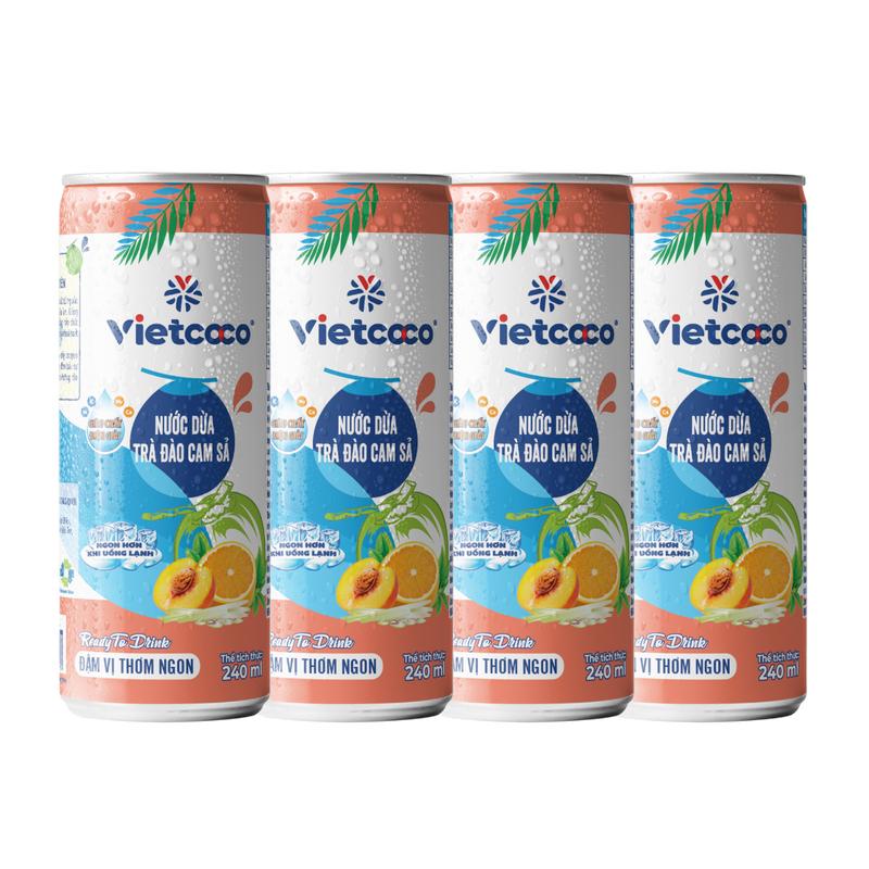 COMBO 4 LON Nước dừa trà đào cam sả Vietcoco 240ml
