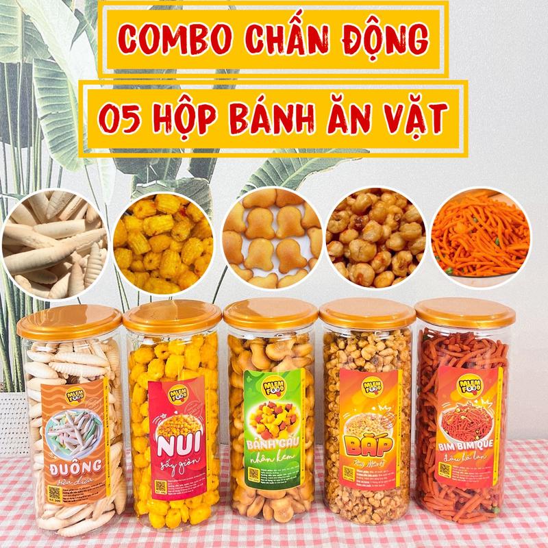 [ COMBO CHẤN ĐỘNG ] 5 hộp bánh ăn vặt ( 400g bánh gấu kem sữa,400g bắp chiên mắm ớt, 300g bim bim que, 300g nui chiên mắm, 300g đuông sữa dừa) nhà Mlem Food. Snack