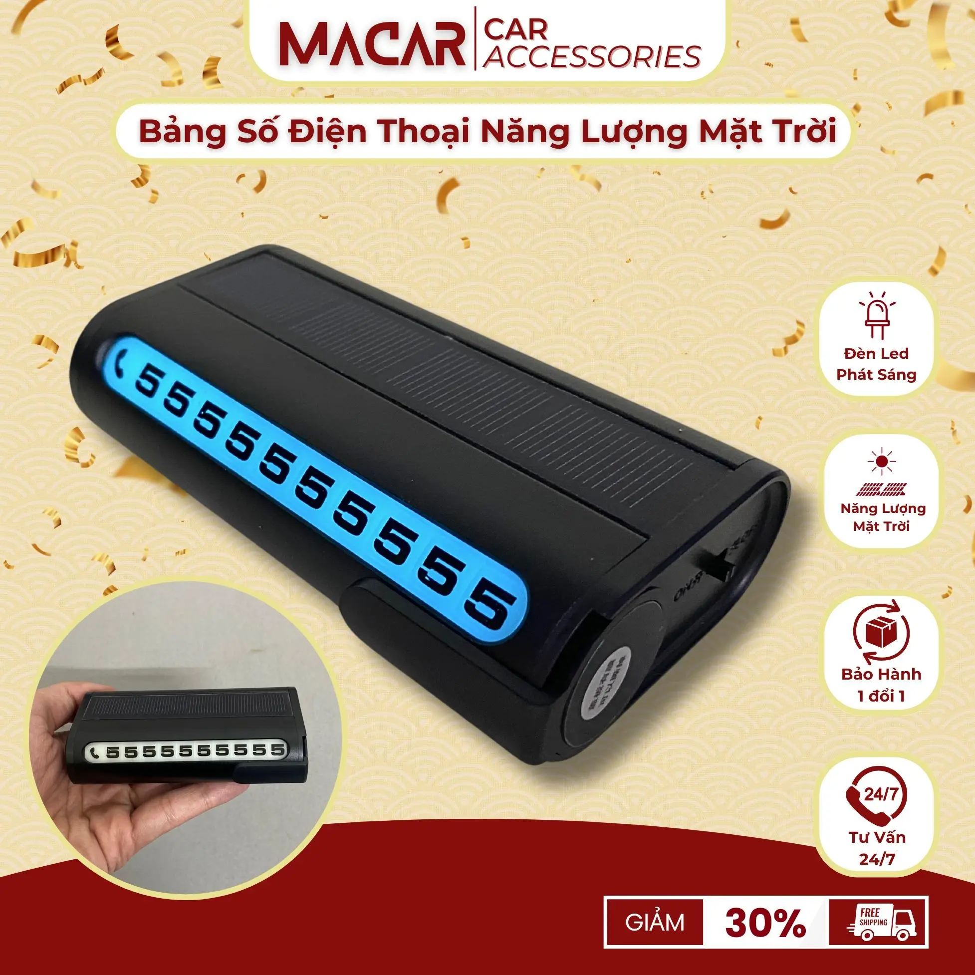 Bảng Số Điện Thoại Năng Lượng Mặt Trời Có Đèn LED Phát Sáng - Bản 10 số - Số Xoay