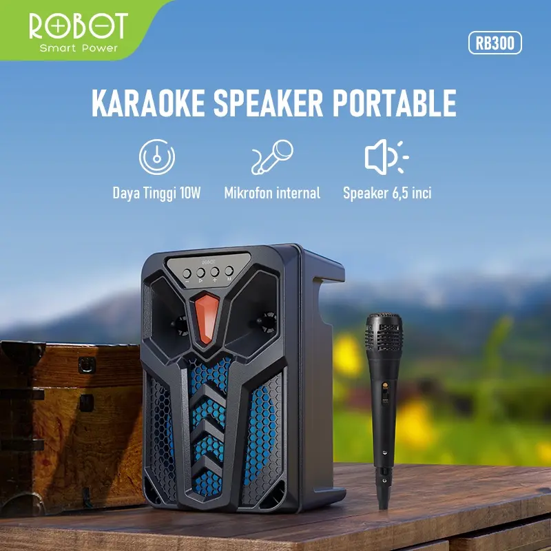 ROBOT Speaker Karaoke Bluetooth 5.3 RB300 With RGB Light Microphone Original - Garansi Resmi 1 Tahun (RB300) [ BISA COD ] Speakers Bass Wireless 4