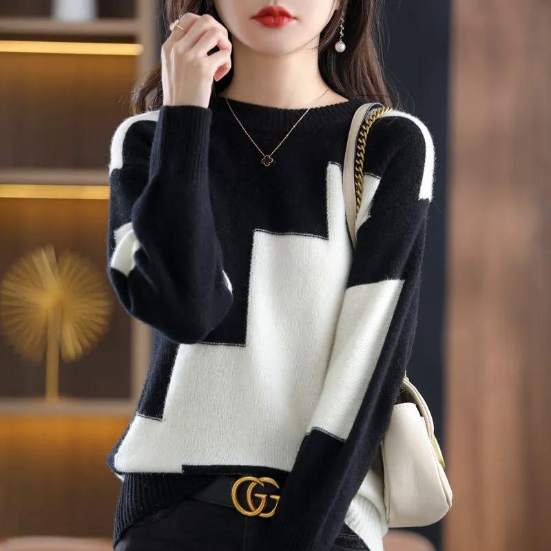 Product Introduction of Women sweater 2022 autonm and winter New Fashion stitching round neck knitted shirt loose casual lazy style long sleeve bottoming shirt Women 10