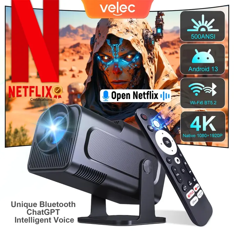 Máy Chiếu Xách Tay, Velec, Chứng Nhận Netflix, Hệ Điều Hành Android 13 HY320 NTV Amlogic S950D4, Độ Phân Giải 1080P, 500ANSI, WiFi Kép và Điều Khiển Bằng Giọng Nói BT5.2, Có Thể Sạc Lại