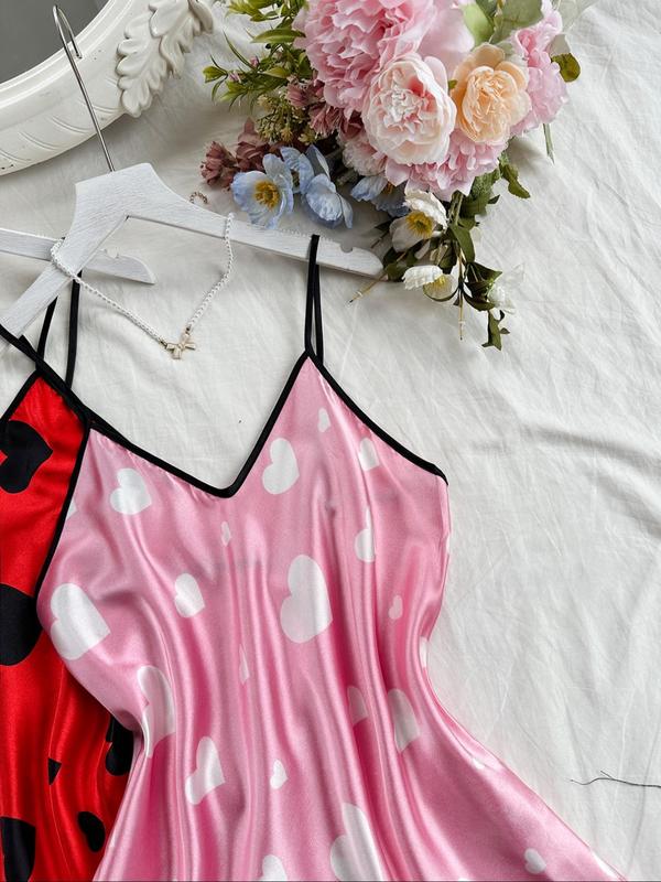 Women's Heart Print Contrast Binding Cami Nightdress, Casual Silky Soft Comfortable Adjustable Spaghetti Strap Nightgown, Dresses for Women, Ladies Sleepwear for All Seasons 8
