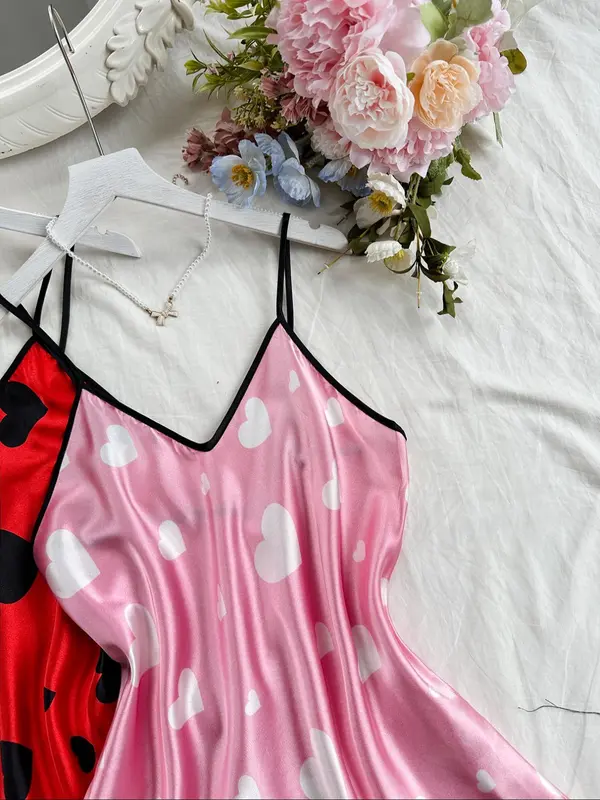 Women's Heart Print Contrast Binding Cami Nightdress, Casual Silky Soft Comfortable Adjustable Spaghetti Strap Nightgown, Dresses for Women, Ladies Sleepwear for All Seasons 8