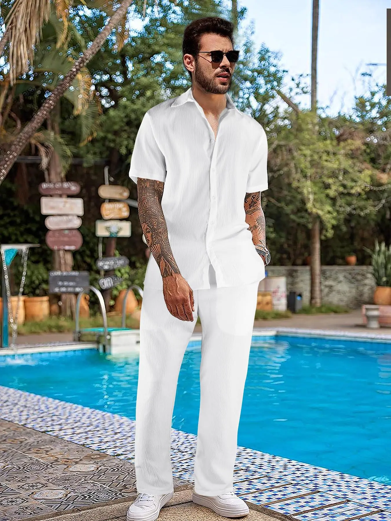 Men's Solid Button Front Shirt & Drawstring Waist Pants Two-piece Set, Regular Fit Short Sleeve Collared Top & Pocket Trousers, Casual Fashion Cozy Breathable Men Two-piece Outfits for All Seasons