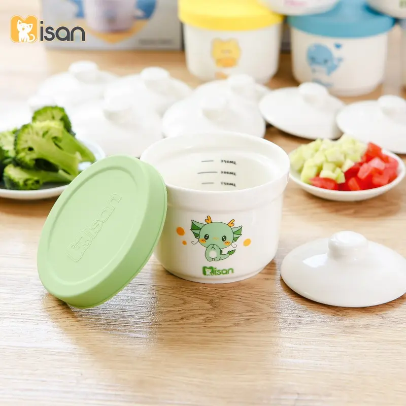 Bát ăn dặm cho bé chia vạch 250ml kèm 2 nắp đậy sứ và silicon chịu nhiệt, hũ sứ ăn dặm Hàn Quốc MISAN Luvamo Kem Voi 7
