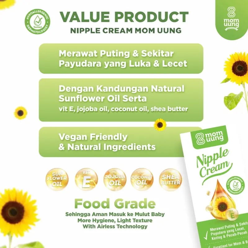 MOM UUNG NIPPLE CREAM NATURAL INGREDIENTS / KRIM PUTING LECET FOOD GRADE - AMAN MASUK MULUT BAYI 0
