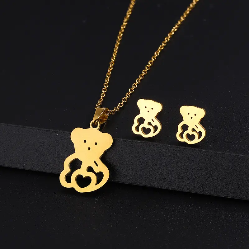 Cute Bear Glossy Necklace Earring Set Clavicle Chain 18K Gold Stainless Steel Three-Piece Set New Accessories