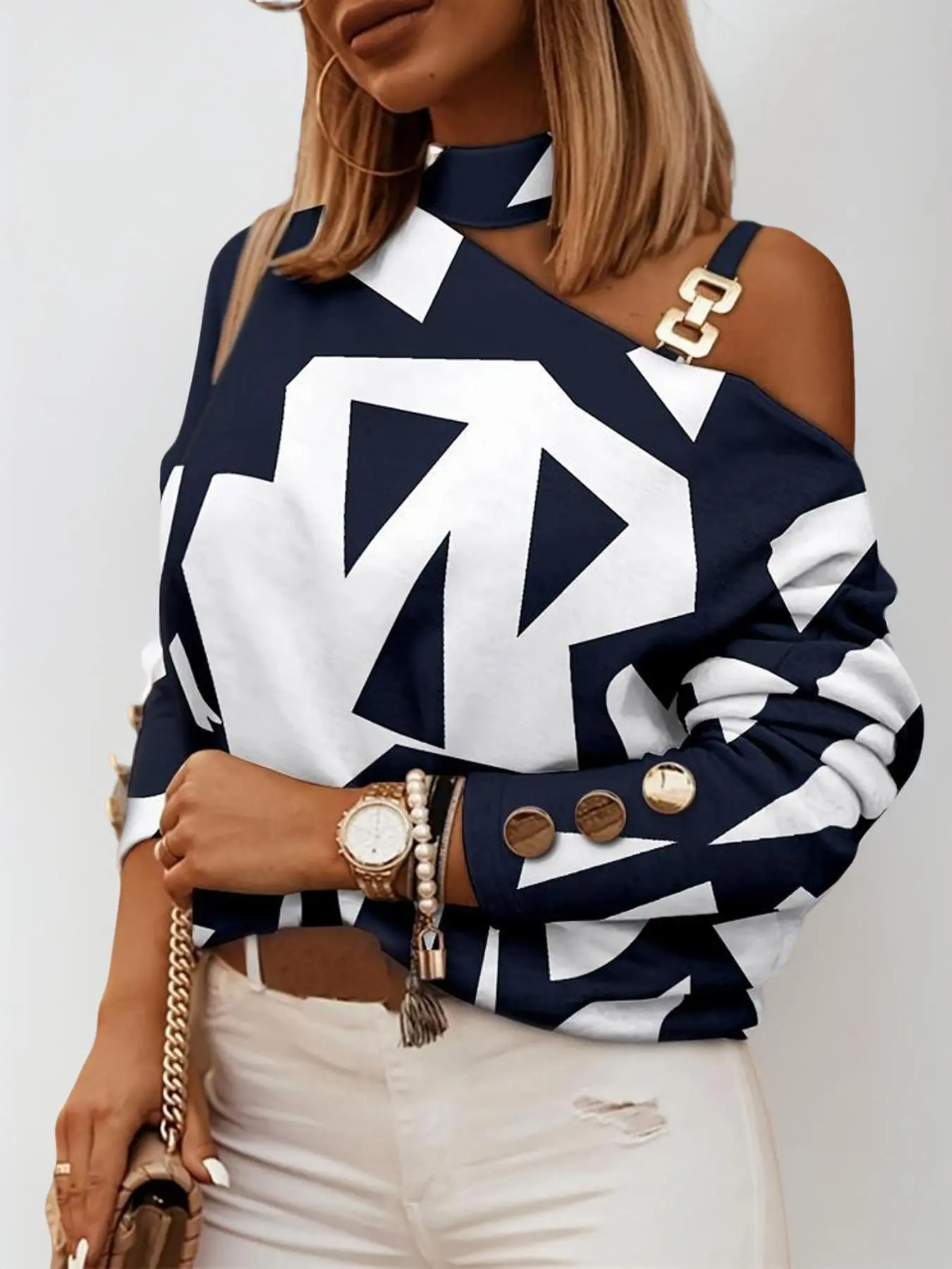 Women's Colorblock Geometric Chain Decor Cut Out Fake Buttons Blouse, Elegant Long Sleeve Asymmetrical Neck Top For Spring & Fall, Women's Clothes