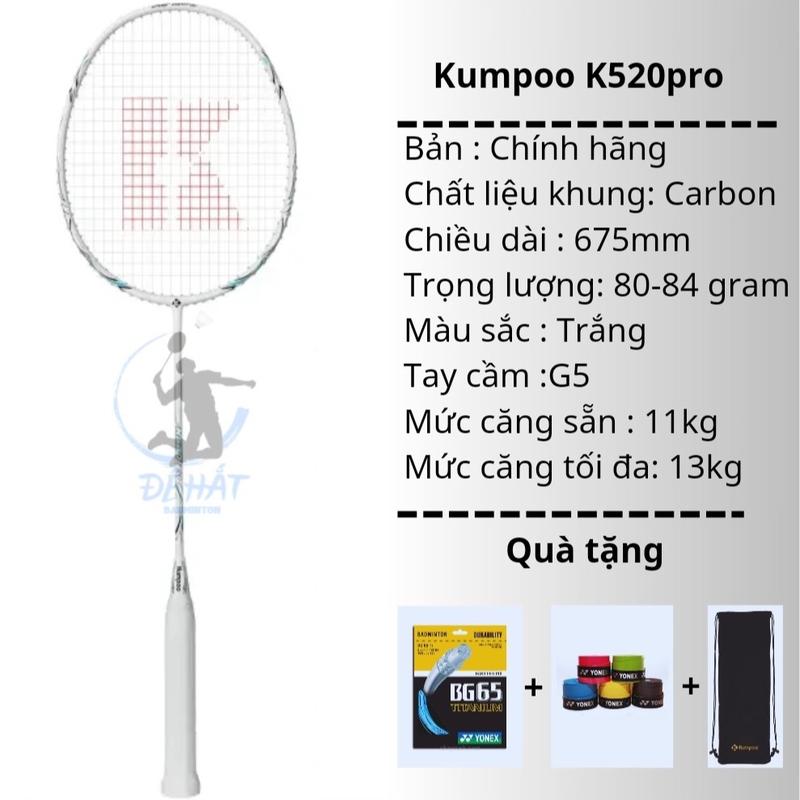  Vợt Kumpoo K520pro nội địa chính hãng màu trắng căng sẵn 11kg tặng 1 bao nhung kumpoo+ 2 quấn cán Vợt Cầu Lông Cầu Lông Sport 