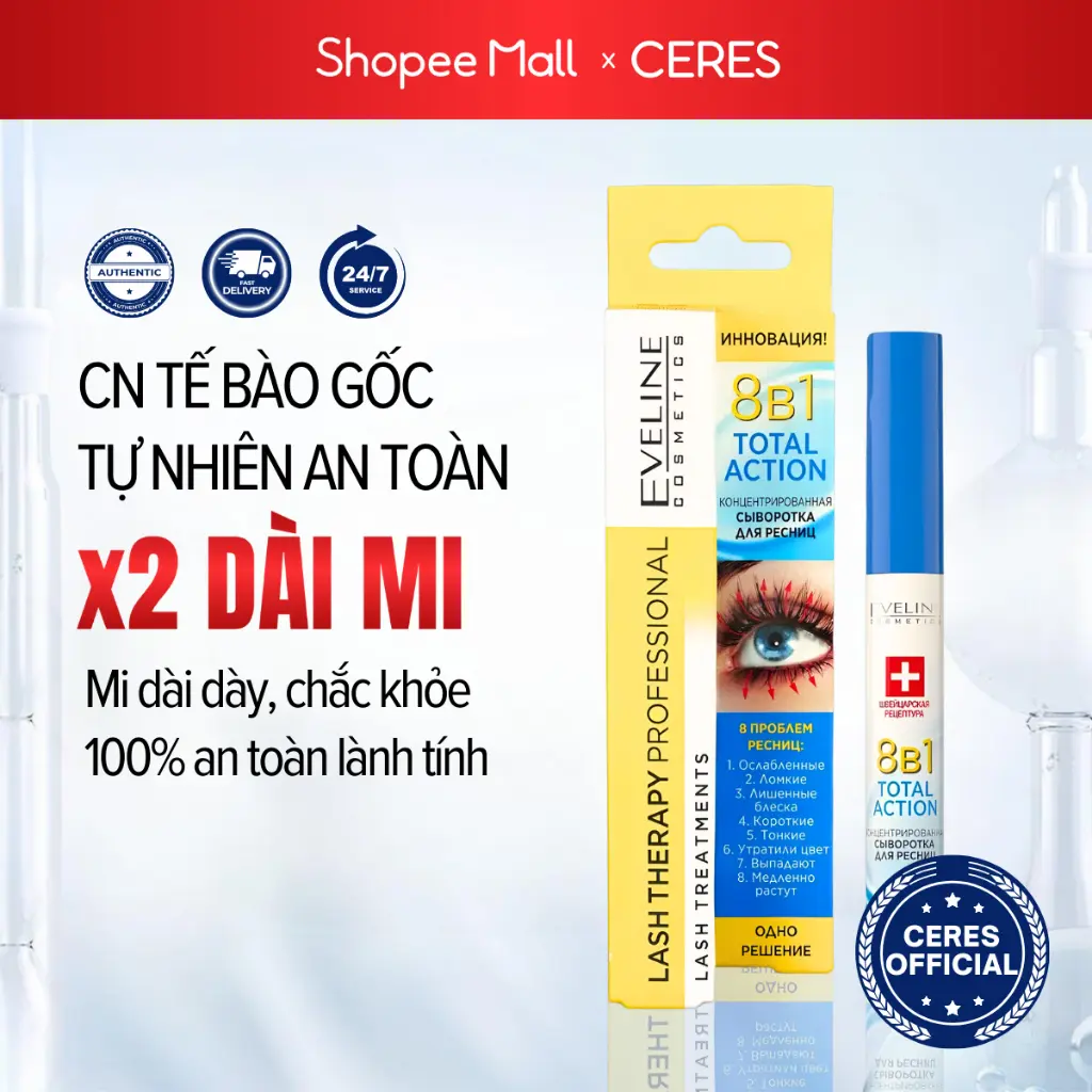 Dưỡng Mi Eveline 8in1 Chính Hãng - Chuốt Mi Dày Và Dài Chắc Khoẻ, Mọc Siêu Nhanh 10ml