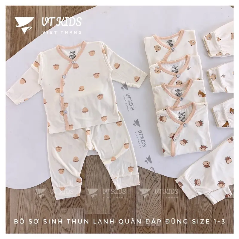 (Tặng vòng dâu) Combo 3 bộ - 5 bộ quần áo dài tay khuy chéo màu kem quần đáp đũng vải thun lạnh petit cho bé từ 3-9kg 6