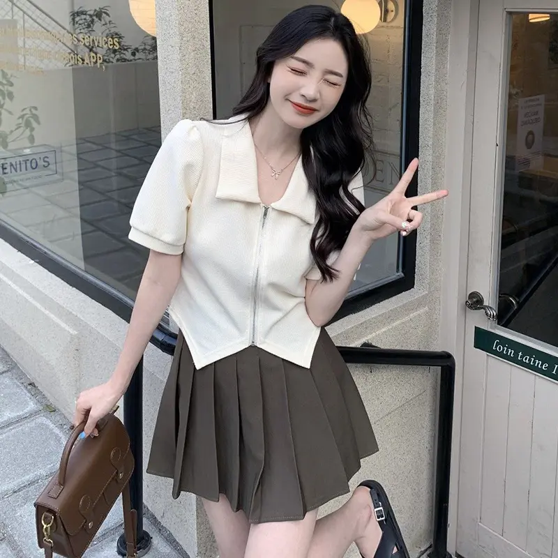 Áo Polo Mùa Hè, Ngoại Cỡ Dành Cho Nữ, Dáng Ôm, Cổ Bẻ Áo, Có Khóa Kéo, Áo Sơ Mi ngắn Tay Top Women