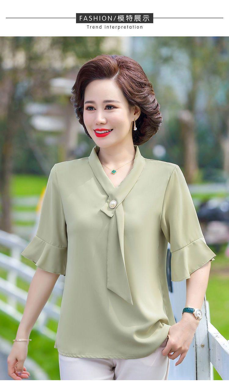 Product Introduction of Áo Phong Cách Phương Tây Ngắn Tay, Quần Áo Cho Mẹ, Thích Hợp Cho Mẹ TRUNG NIÊN Và TRUNG NIÊN, Hàng Mới Về, Dáng Rộng Vừa Vặn, Làm Bằng Voan, 40-50 Tuổi Nữ Top Women Shirt Sơ Mi 13