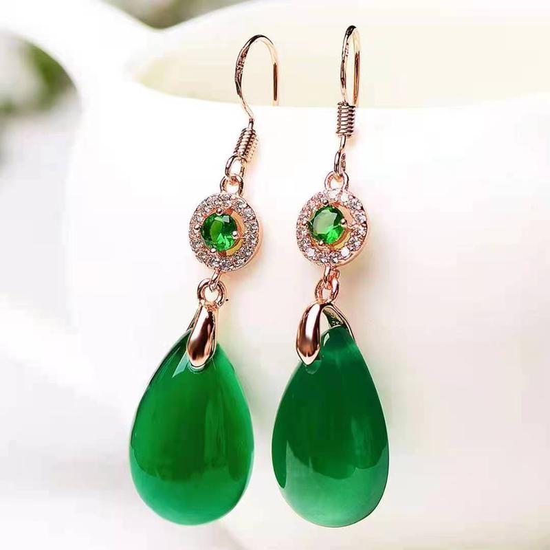 Product Introduction of [3601 Positive Reviews] New High-end Earrings Jade Drop Earrings Emerald Agate Chalcedony S925 Elegant Silver-plated Water Drop Earrings Hot Sale 4