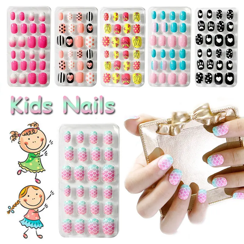 24Pcs Fake Nail Press On Fake Nails Kids Cartoon Patterns Nails