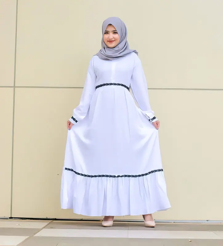 Baju Gamis remaja wanita dewasa Syakira Putih terbaru kekinian Baju Kondangan Modern Kombinasi Renda Tebal Crepe Muslim Dress  Kancing Syari 0