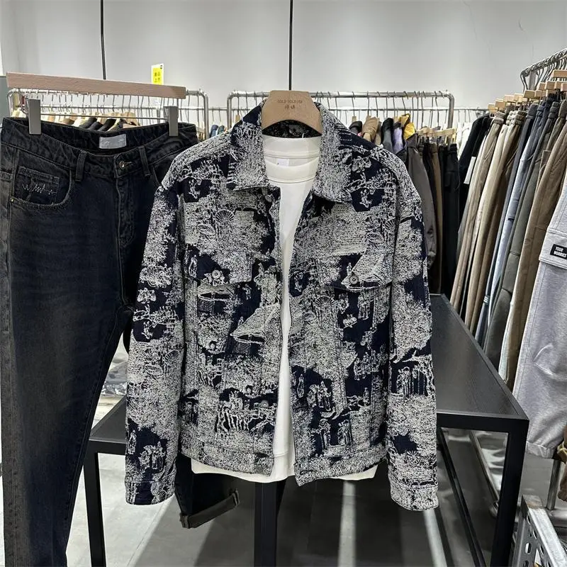 Áo Khoác Denim Nam, Phong Cách Đường Phố Cao Cấp, Jacquard Cổ Điển Thương Hiệu Thời Trang, Hàng Mới Về Mùa Thu, Thích Hợp Cho Giới Trẻ, Thời Trang Hàng Đầu Menswear Jacket