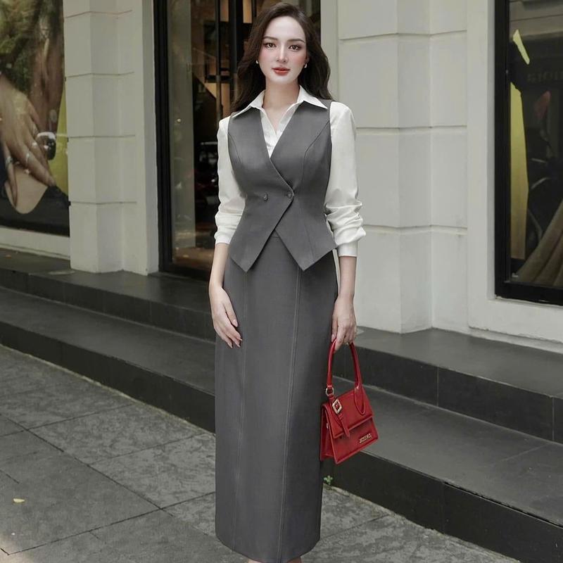 Sét Công Sở Thiết Kế: Hà Anh áo gile phối tay trắng kèm chân váy  Nữ G62