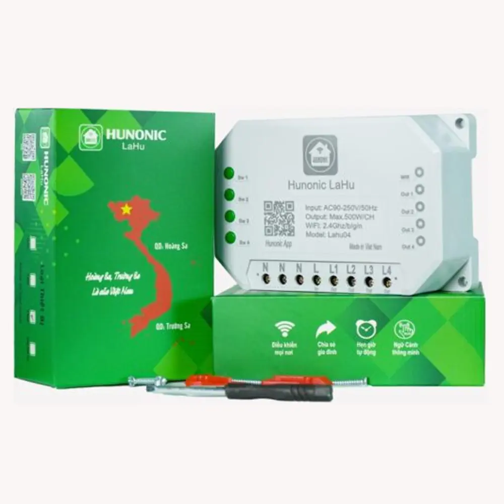 Công tắc thông minh kết nối Wifi Hunonic Lahu 4 kênh - 500W/kênh điều khiển mọi thiết bị từ xa qua điện thoại