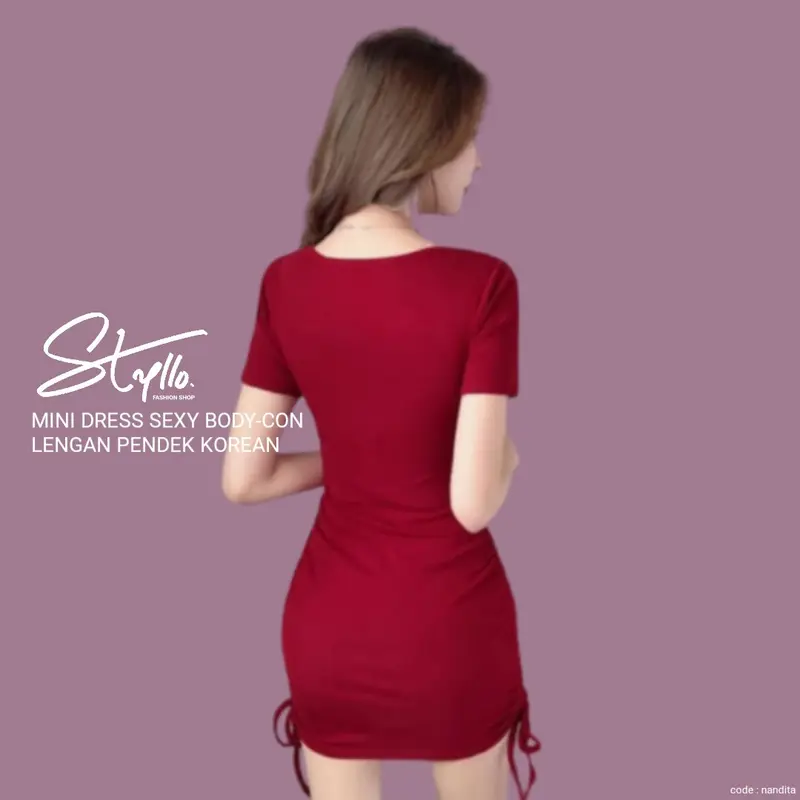 Baju Bodycon Sexy Mini Dress Korea Lengan Pendek Wanita Body Pita Scuba Boat Square Neck Polos Basic Premium Merah Maroon Marun Polos Manis Cantik 2